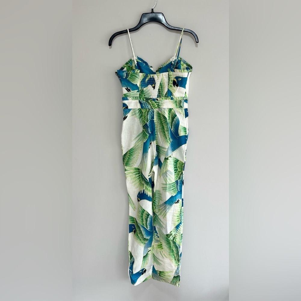 FARM Rio NWT Araras Parrot Print Smocked Linen Relaxed Fit White Jumpsuit, XS - Picture 3 of 14